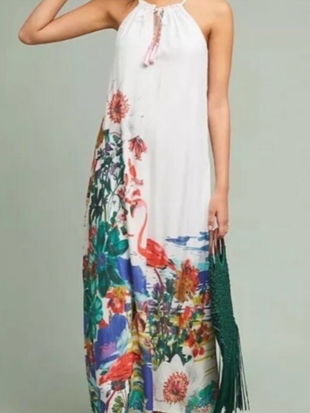 Anthropologie White Floral & Flamingo Print Halter Maxi Dress